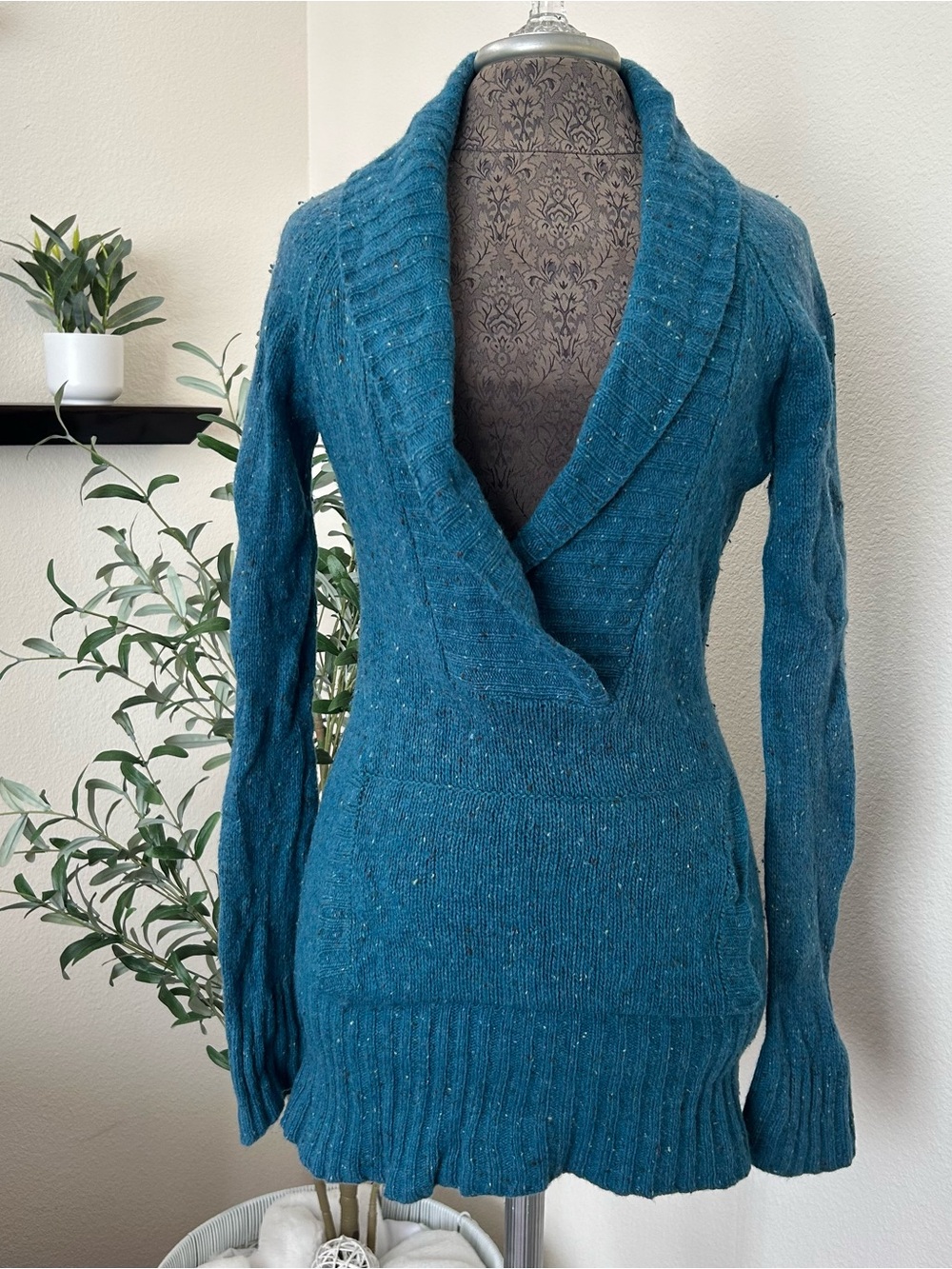 Free People Teal Shawl-Collar Cowl Sweater - Wool/Nylon